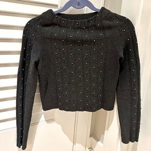 Sandro Paris Cropped Pointelle Beaded Knit Sweater